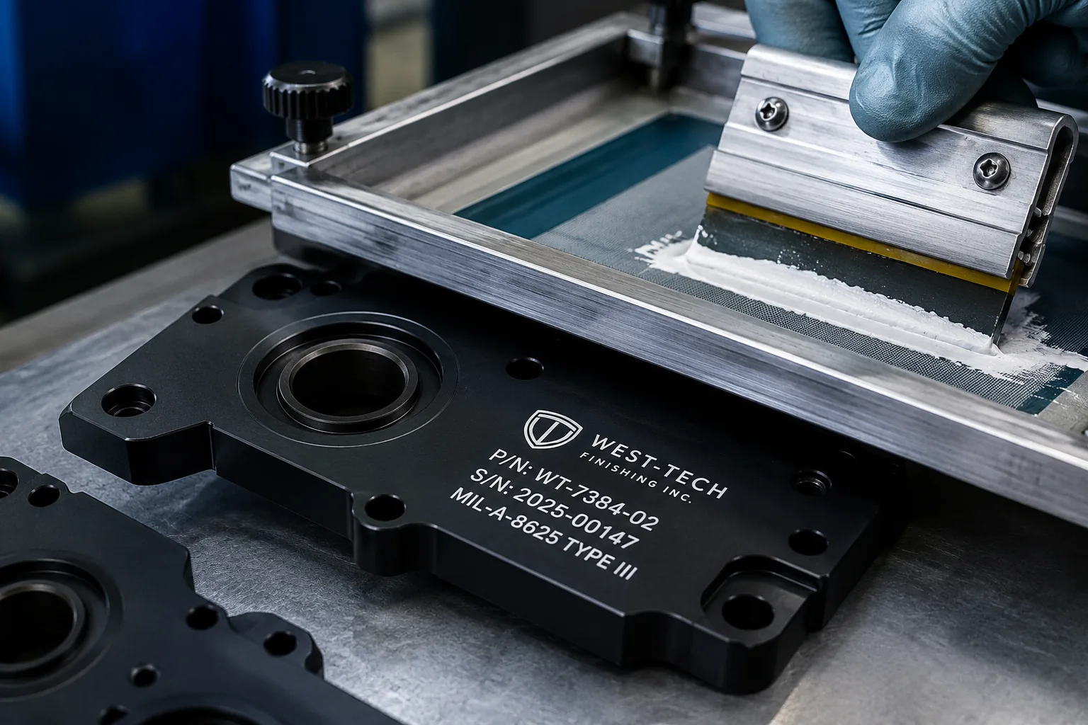 Silk screen printing part numbers and markings onto a black anodized West-Tech part