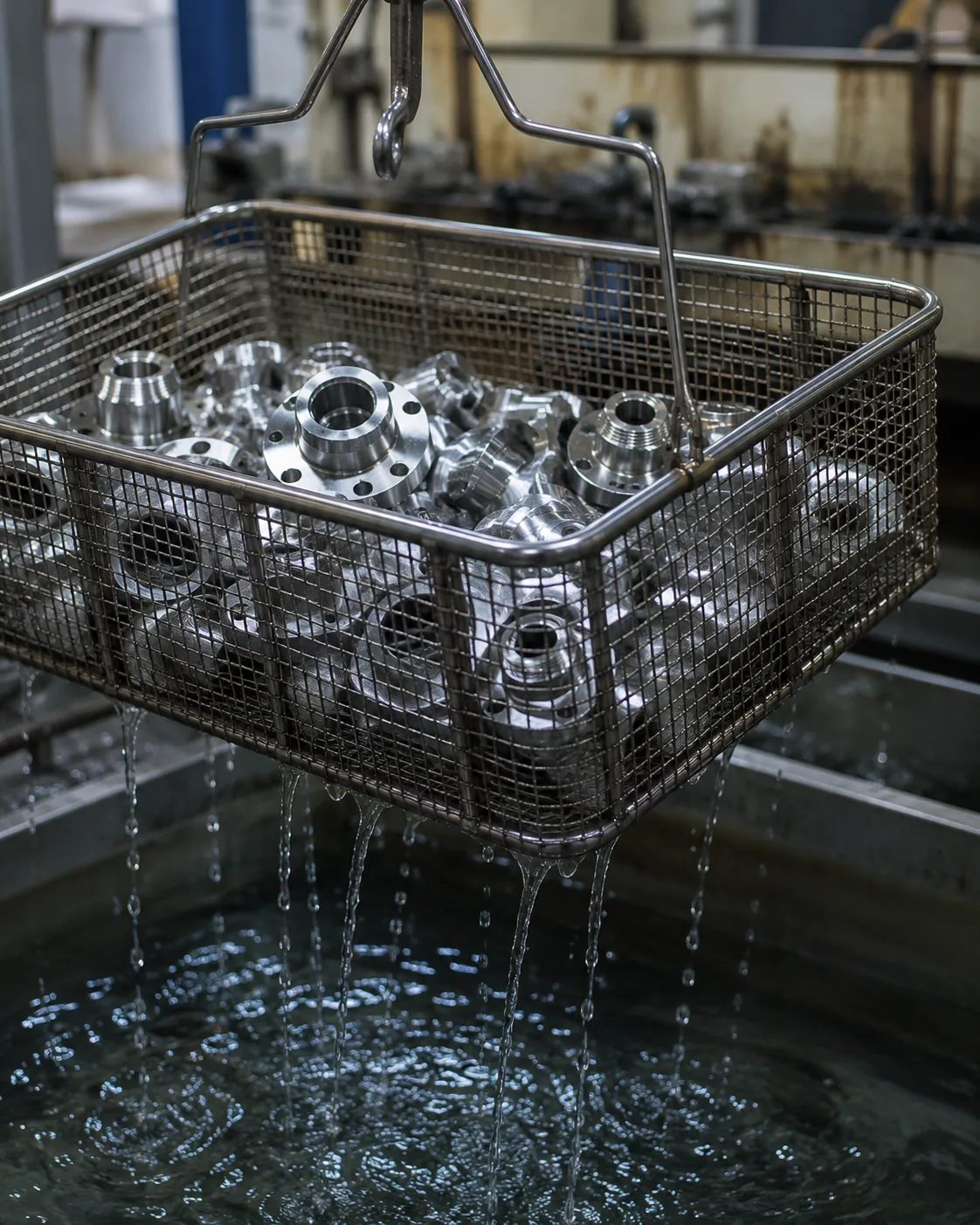 Wire basket of stainless steel machined parts being lifted from a passivation bath