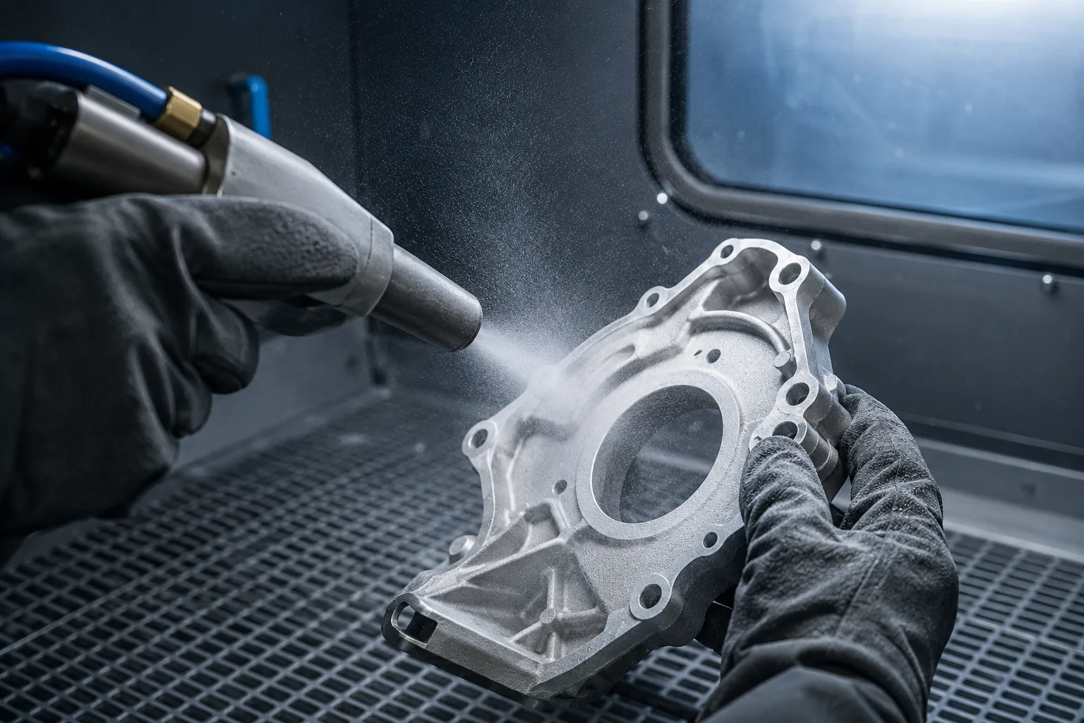 Operator abrasive-blasting an aluminum casting inside a blasting cabinet