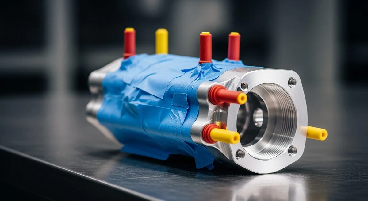 Machined aluminum component masked with blue polyester tape and red and yellow silicone plugs before anodizing at West-Tech Finishing