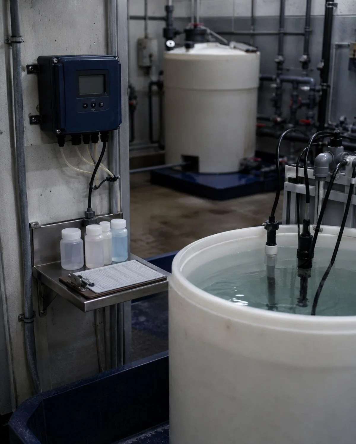 Industrial water treatment tank with monitoring probes at the West-Tech facility