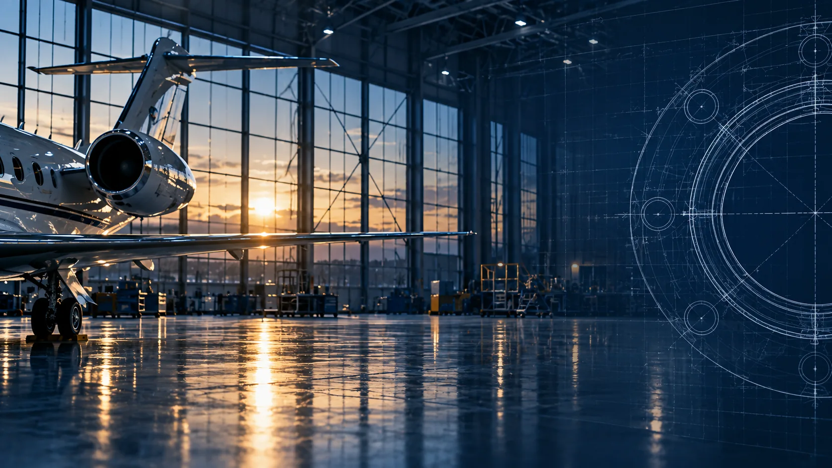 Business jet in an aerospace hangar at sunset with technical drawing overlay