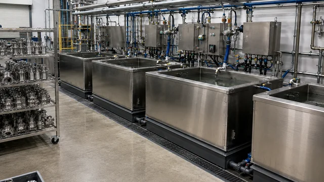 West-Tech passivation line with stainless steel process tanks and racks of machined components